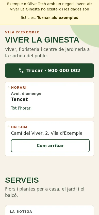 Captura de la web d'exemple de Viver La Ginesta en un mòbil: el nom, el botó de trucar, l'horari d'avui i l'adreça a la primera pantalla.